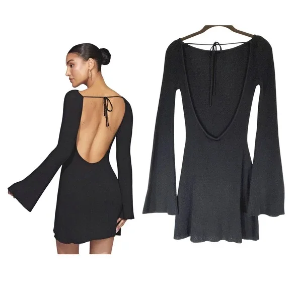 Meshki Zahra Open Back Mini Mesh Knit Dress Semi Sheer XS Black Bell Sleeve NWT - Picture 1 of 14
